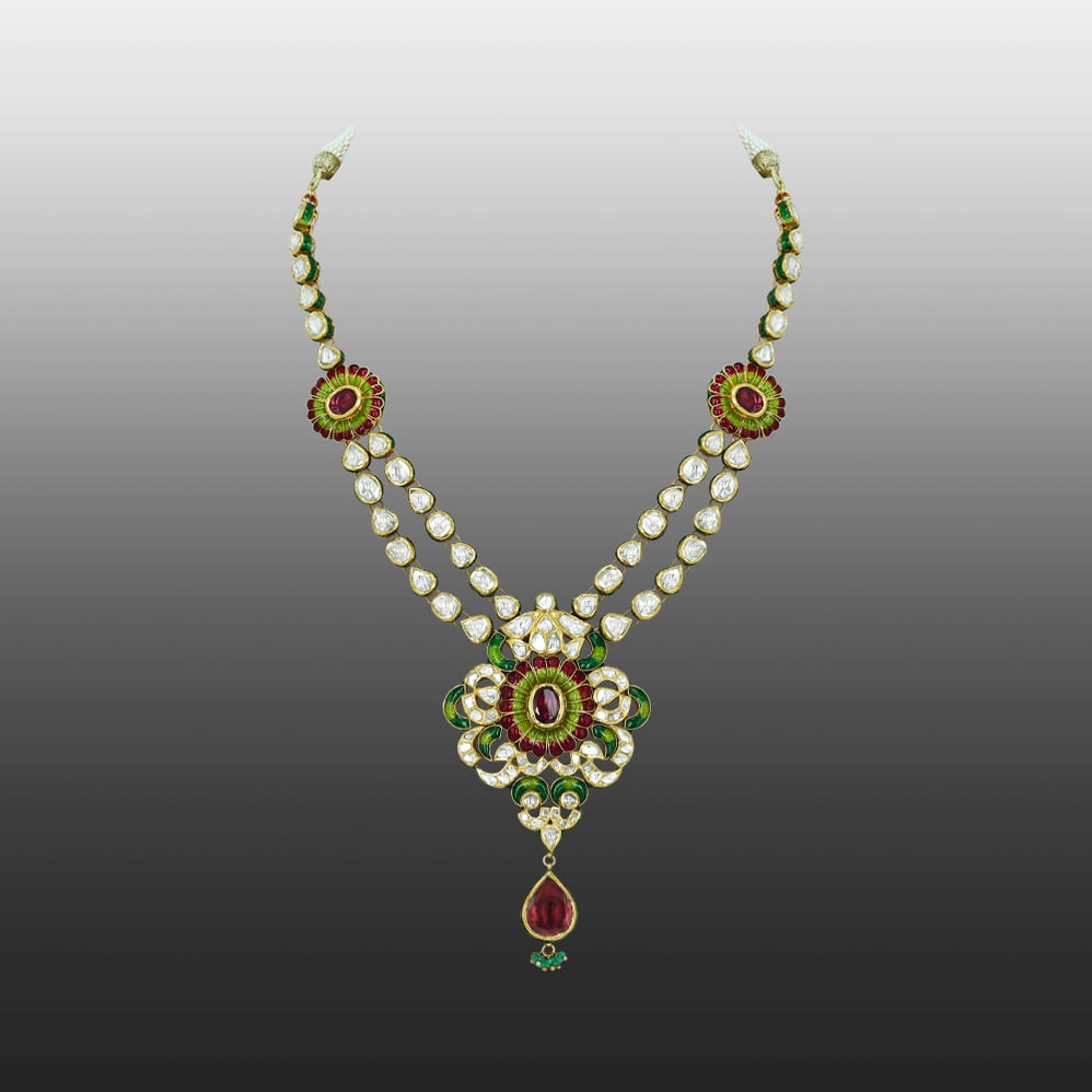 Double-String Polki Necklace with Enamel Flowers and Rhodolite